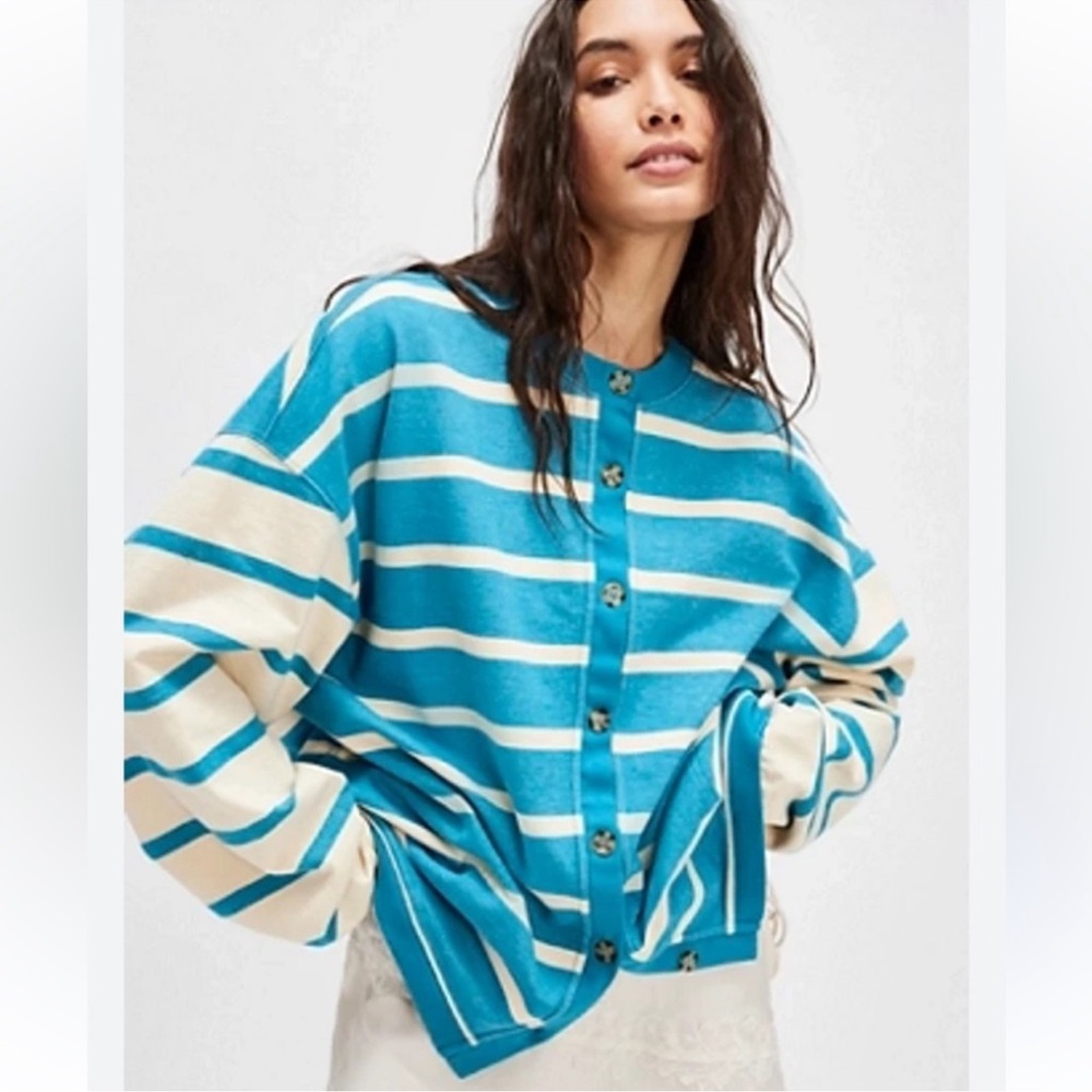 FREE PEOPLE Classic Striped Blue and Cream Sweatshirt Cardigan - Picture 2 of 6